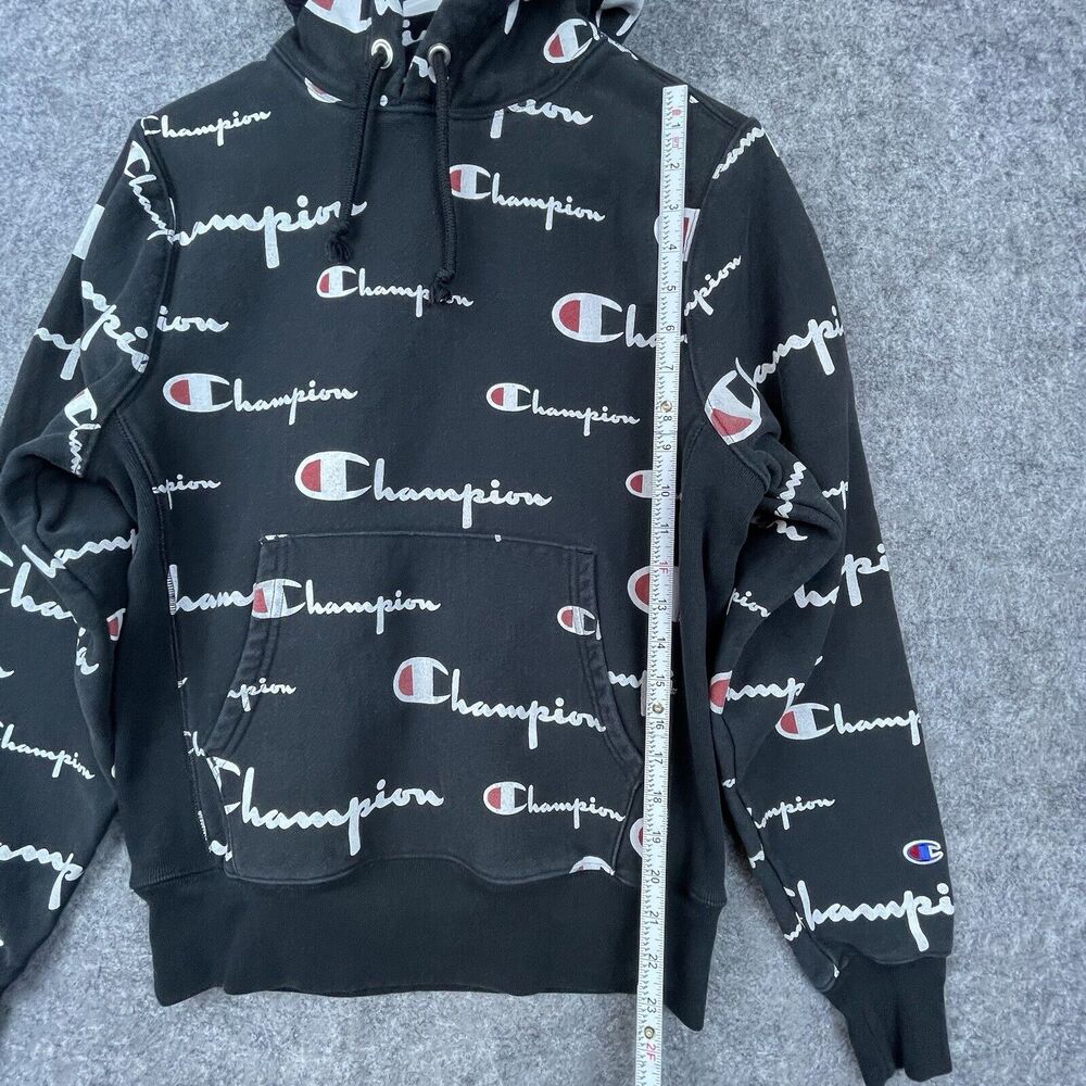 Champion Reverse‎ Weave Hoodie Mens Small Black All Over Logo Script Sweatshirt - Picture 4 of 6